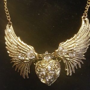 Gold Heart @ Wing Necklace with Rhinestones